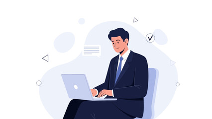 Businessman working on laptop, modern flat illustration, business concept