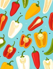 Colorful halved peppers scattered across a light blue background, forming a cheerful, veggie-filled pattern