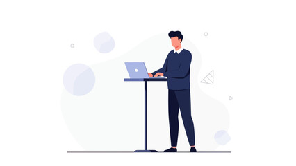 Man working on laptop at standing desk, modern office illustration
