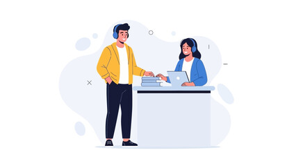 People working together with headphones and laptop on a desk, online communication concept