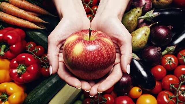 Hands holding a fresh red apple surrounded by various colorful vegetables and fruits from above