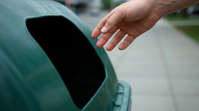 Plastic waste being placed into trash bin, highlighting environmental responsibility and pollution prevention.