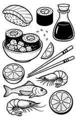 Outline collection of sushi elements nigiri maki soy shrimp fish © Elena
