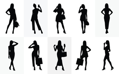 Obraz premium Businesswomen silhouettes in various poses with briefcases and handbags on white background