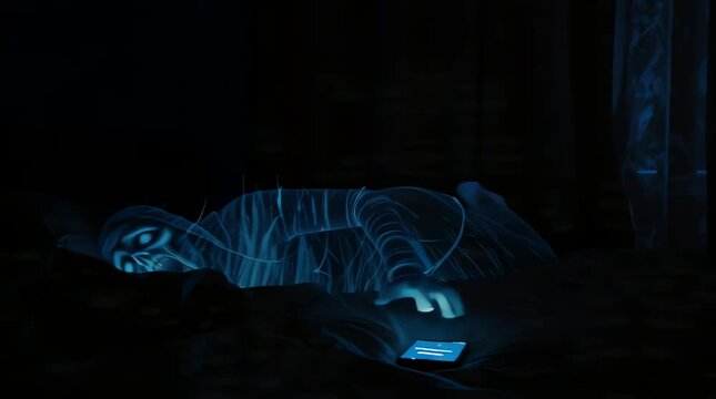 A translucent ghost in an empty bedroom at night suddenly recoils in terror after seeing a smartphone notification that reads &ldquo;Work Reminder &ndash; 2:00 AM&rdquo;. The ghost&rsquo;s face distorts in fear