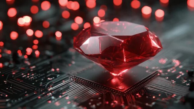 Crimson Gem of Technology: A dazzling, faceted ruby rests upon a circuit board, illuminated by ambient red light, which represent the fusion of luxury and innovation