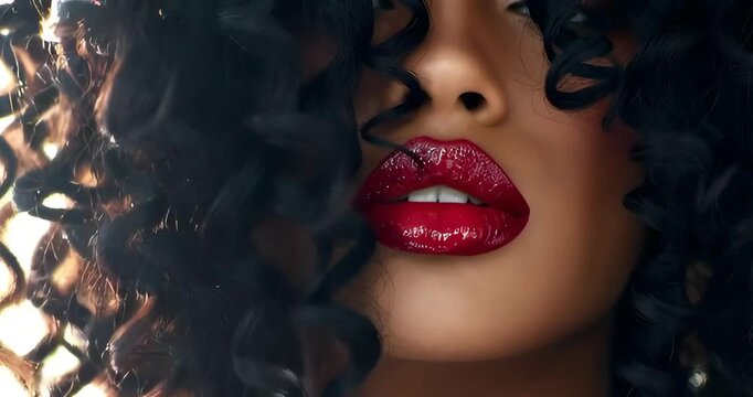 Close up of African American woman with curly hair and glossy red lipstick puckering lips, beauty makeup studio shot, cinematic slow motion video footage