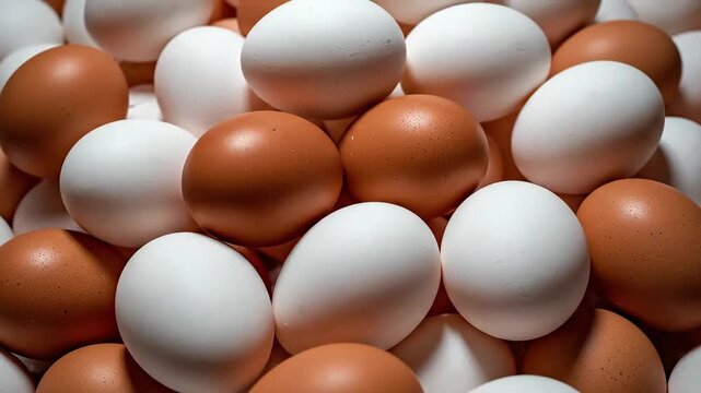 A large pile of white and brown eggs.