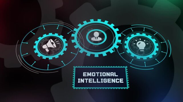 Emotional intelligence HUD display with gears and symbols for leadership soft skills.
