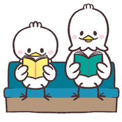 ソファーに並んで座って本を読む白い鳥たちのイラスト © おひさまストック