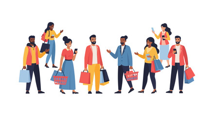 Fototapeta premium Diverse Shoppers Group with Bags & Baskets. Flat Illustration of Happy Customers and Retail Experience.