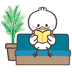 ソファーに座って本を読む白い鳥のイラスト © おひさまストック