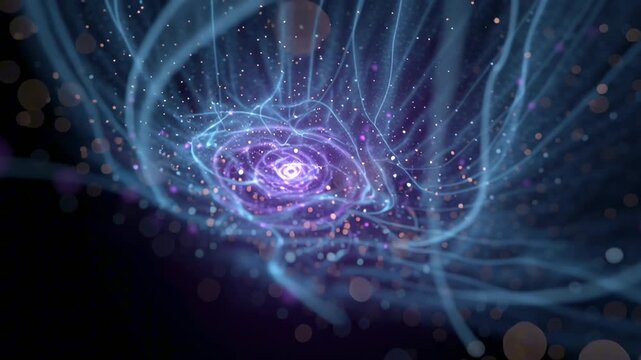 4k cinematic animation, central glowing particle exploding neuro-particle network, neon nodes blue purple cyan interconnected threads ripple vibrate small energy particles along connections lens flars