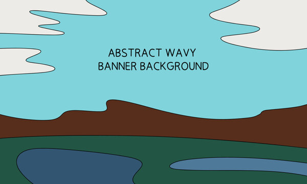 Wavy Shapes Background of Abstract Natural Landscape with Sky, Clouds, Mountains, Water and Grass