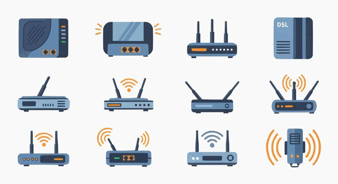 Various internet routers and modems on display in a technology setting
