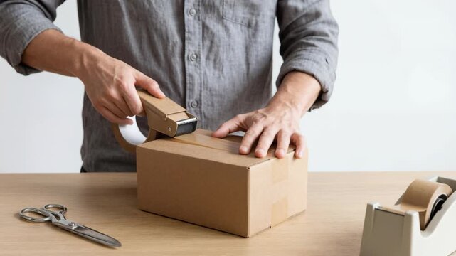 Man packing cardboard box with hand using tape dispenser and scissors for business shipping. packing parcel wooden table showing hands preparing