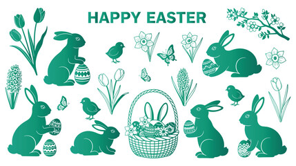 Obraz premium A festive Easter illustration featuring bunnies, eggs, and flowers in green.