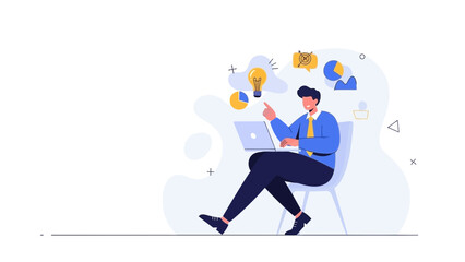 Businessman working on laptop with ideas and charts, modern flat vector illustration