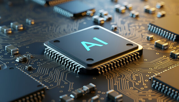 &ldquo;AI-Illuminated Chip: Blue Lit AI on Circuit Board with Blurred Background&rdquo;

