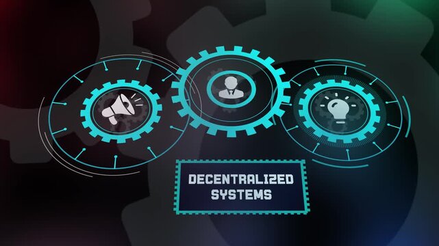 Advanced Technological Visualization of Decentralized Systems and Blockchain Network Infrastructure with Interlocking Gears and Digital Icons