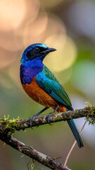 Obraz premium Colorful bird perched on a mossy branch, vivid plumage contrasting with soft, bokeh background