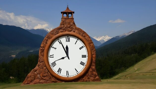 A giant clock in front of the mountains time is running out , created with generative ai