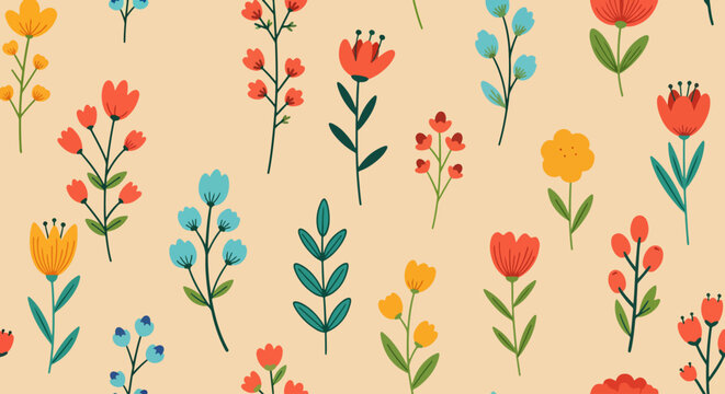 Hand-drawn spring floral wallpaper with whimsical flowers and pastel foliage