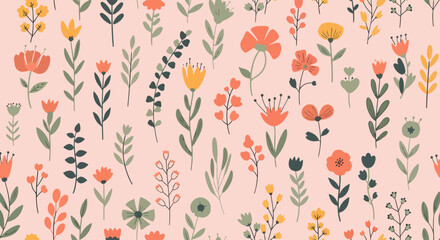 Fototapeta premium Hand-drawn botanical wallpaper with playful flowers and warm neutral tones
