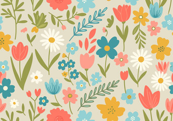 Vintage botanical pattern with muted colors and charming stylized floral motifs