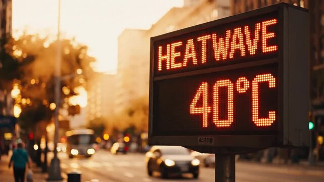 City street scene during a heatwave with a temperature display sign showing 40 degrees Celsius
