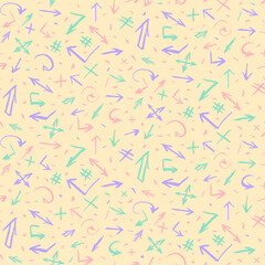 Obraz premium Pastel colorful seamless grunge pattern featuring abstract shapes, doodles, scribbles, geometric elements and arrows