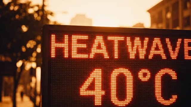 Digital sign displaying heatwave warning at 40 degrees Celsius on a sunny day in the city