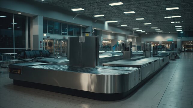 Airport baggage security scanner conveyor system for luggage inspection in a modern terminal.