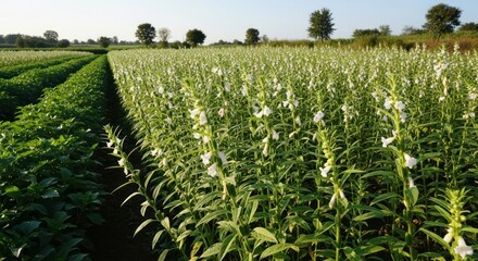 Green Field with Sesame Plants and Flowers.
