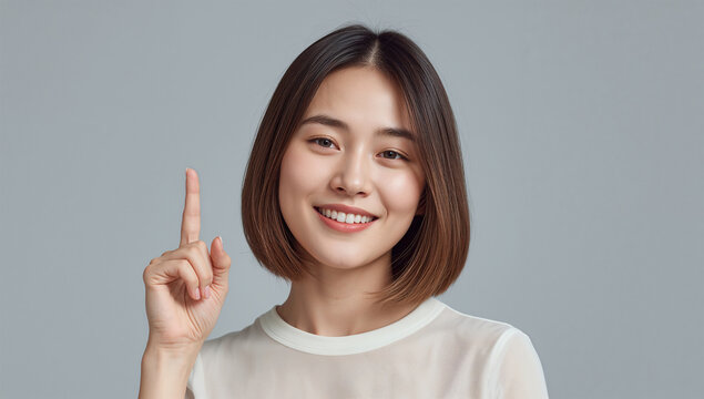 東アジアの二十代女性が人差し指を立てて微笑む、スタジオで伝えるワンポイント