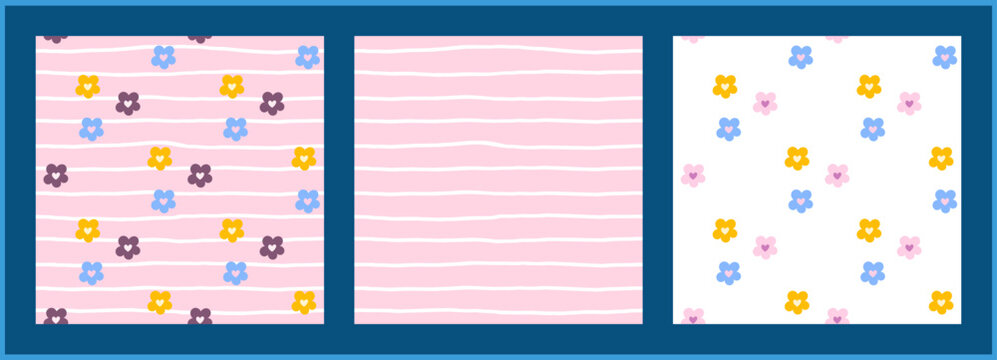 Flower cute seamless pattern gingham floral for set kawaii small. Check spring daisy with print easter pink for girl botanical textile. Background kids flower with stripe pattern summer.