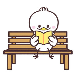 木のベンチで本を読む白い鳥のイラスト © おひさまストック