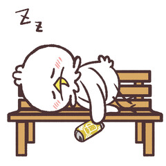 木のベンチで横になる酔っぱらった白い鳥のイラスト © おひさまストック