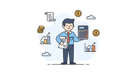 Businessman with financial analytics and calculator illustration
