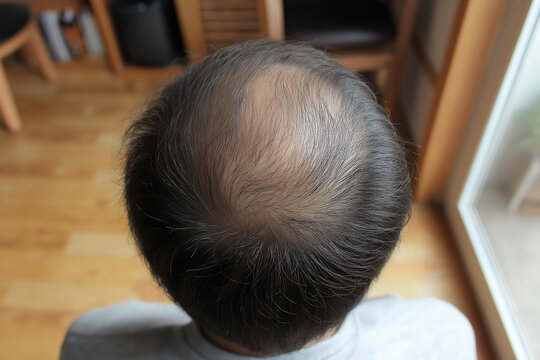 Top-down view of a man's head showing crown hair loss and thinning hair indoors, male pattern baldness concept