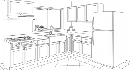 Modern Kitchen Design Blueprint Sketch with Appliances and Cabinets.