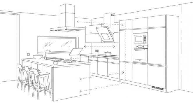 Modern Kitchen Design Blueprint Sketch with Dotted Lines.