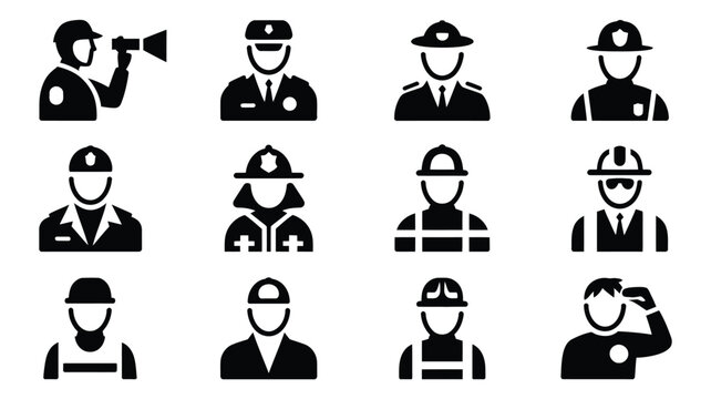 Various occupations and professions icon set in black on white background