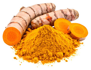 Close-up of turmeric roots, sliced portions, and a pile of golden-yellow powder