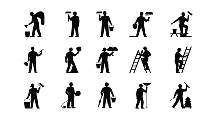 Fototapeta premium Collection of black silhouette icons depicting various construction workers performing tasks with tools and equipment