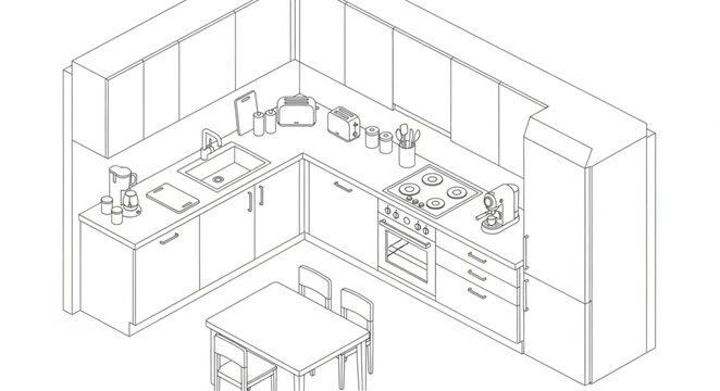 Modern Kitchen Design Blueprint Isometric View.