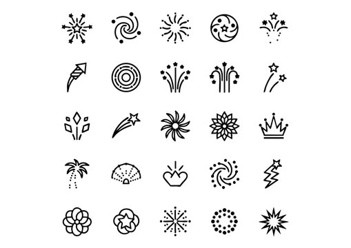 Minimalist Celebration: 25 Vector Firework Icons, Linear Pyro Graphics: Black and White Firework Icon Set, Festive Spark Symbols: Monoline Vector Firework Illustrations