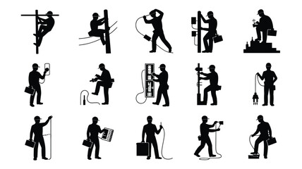 Workers in various occupations with tools and equipment performing tasks in different postures and settings