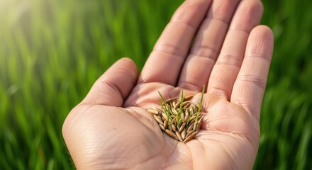 Hand Holding Grass Seeds Outdoors.