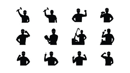 Set of black silhouettes of workers in various poses with tools expressing strength and occupation